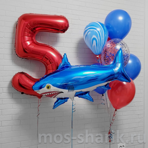 Шарики на день рождения с цифрой, акулой и фонтаном из 7 шаров на 5 лет