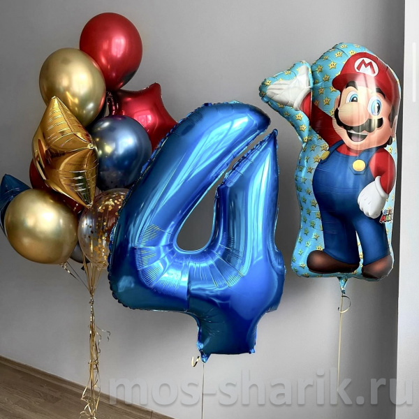 Композиция из шаров с цифрой Супер Марио на день рождения 4 года