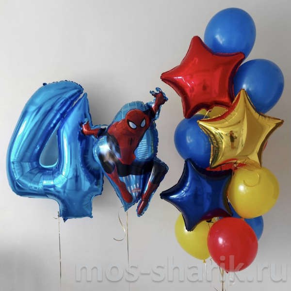 Воздушные шары на день рождения с цифрой Человек - паук на 4 года
