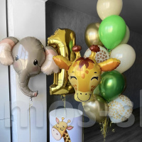 Композиция из шаров с фольгированными животными и цифрой на день рождения на 1 годик
