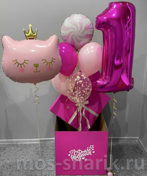 Композиция из шаров с коробкой – сюрприз на день рождения «Котёнок Принцесса»