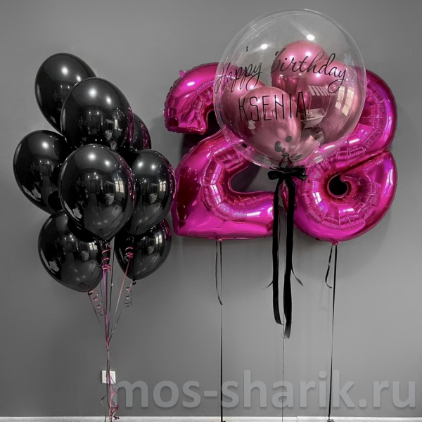Сиренево-черная композиция с цифрами и большим шаром с шариками внутри