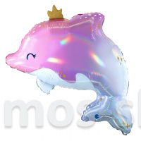 Фольгированный шар Сиренево-розовый волшебный дельфин с короной, голография