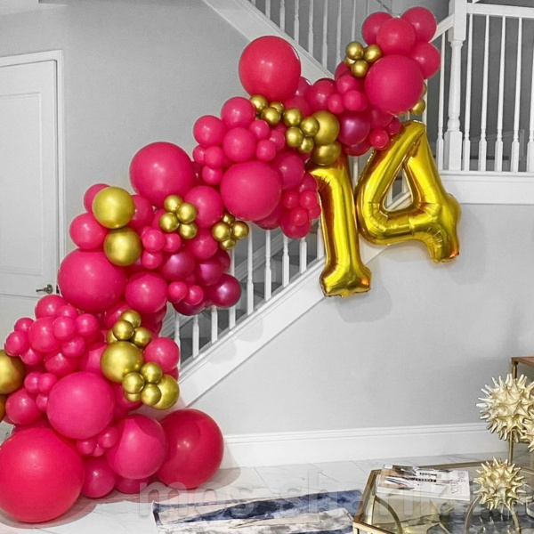 Гирлянда из ярко-розовых шаров с 2 цифрами (для лестницы или стены)