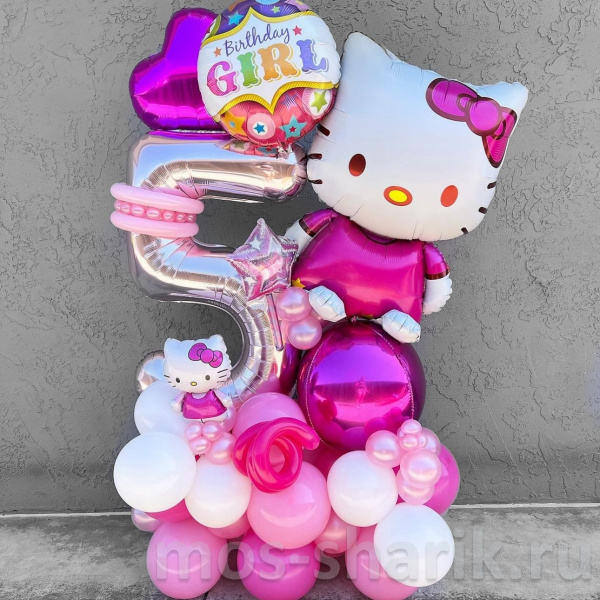 Напольная композиция из шаров цвета фуксии Hello Kitty на 5 лет