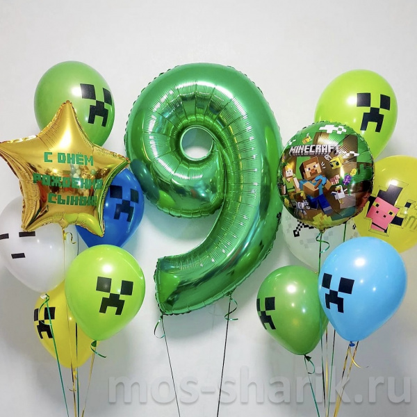 Композиция из шаров с цифрой на день рождения Майнкрафт