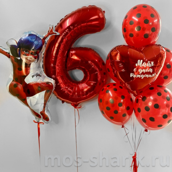 Красные воздушные шары с цифрой 6 Леди Баг на день рождения