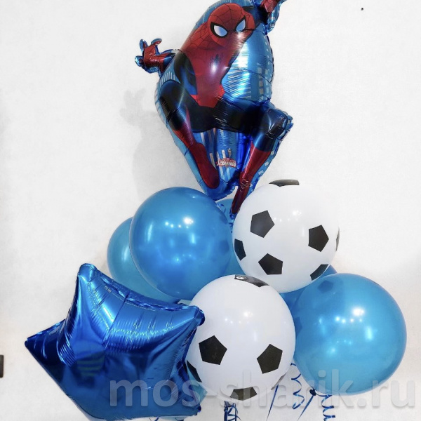 Композиция из шаров Человек Паук с футбольными шариками