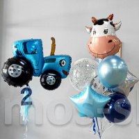 Композиция шаров на день рождения Синий трактор с коровкой на 2 года