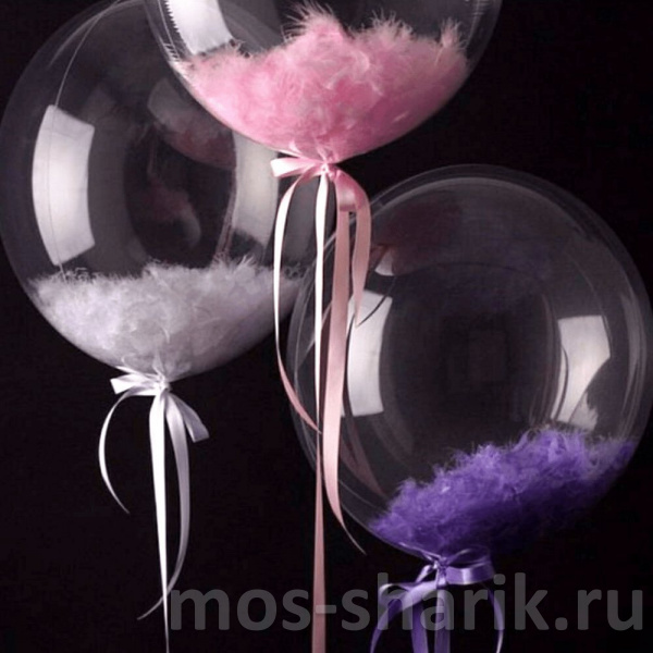 Три шара Bubble с перьями на атласных ленточках