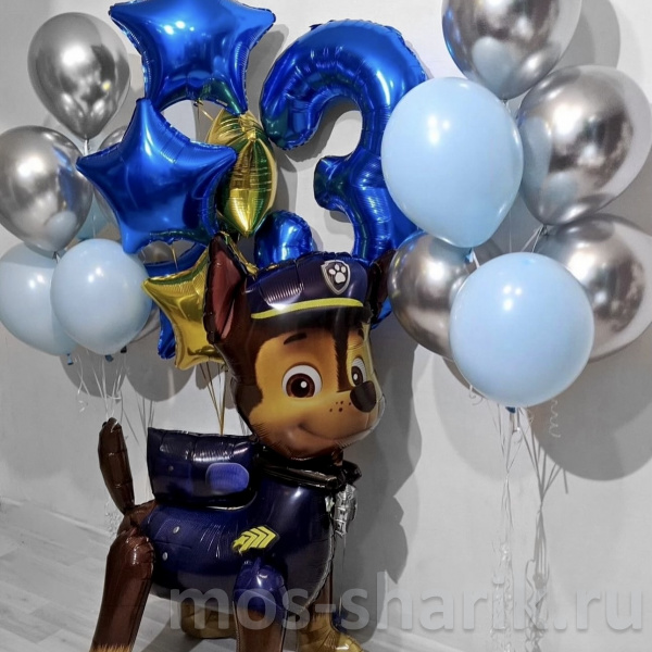 Композиция из воздушных шаров Щенячий патруль Гонщик Чейз на 4 года
