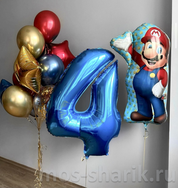 Композиция из шаров с цифрой «Супер Марио»