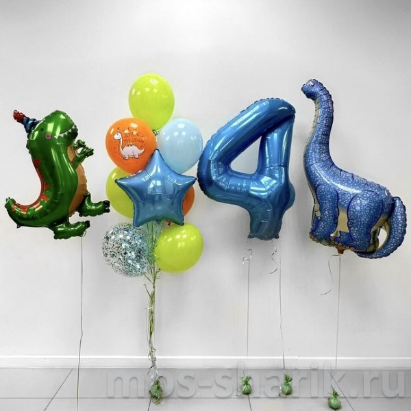 Композиция из шаров на день рождения с цифрой и динозаврами