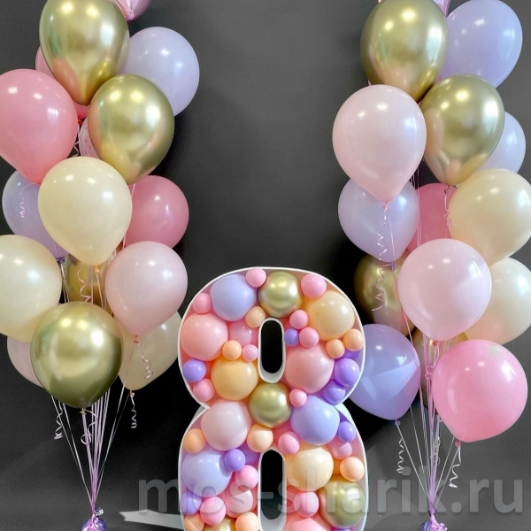 Нежные шары на день рождения с цифрой в технике Аэромозайка