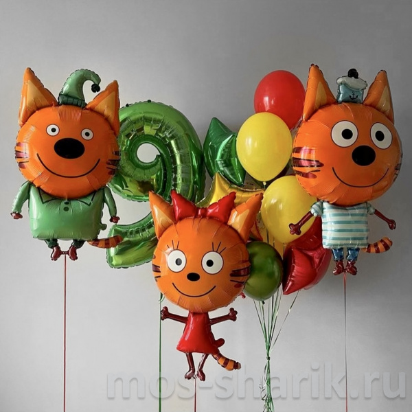 Композиция из шариков Три кота с цифрой и фонтаном из 10 шаров на 9 лет