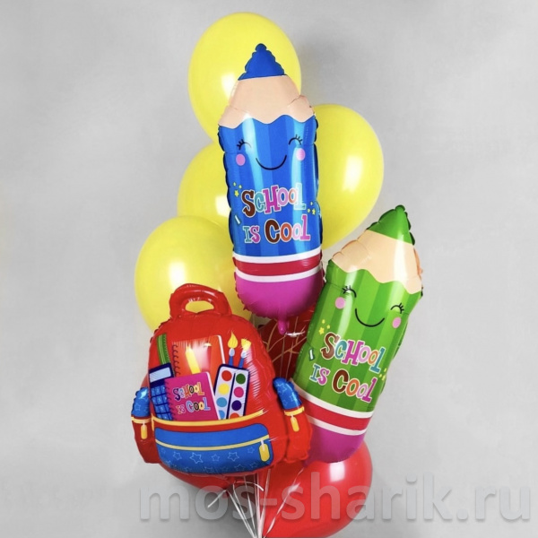 Фонтан из шаров на 1 сентября с рюкзаком и карандашом