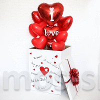 Коробка-сюрприз I love you с красными шарами-сердцами