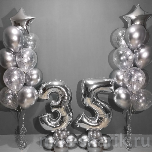 Серебристые воздушные шары с цифрами на подставках