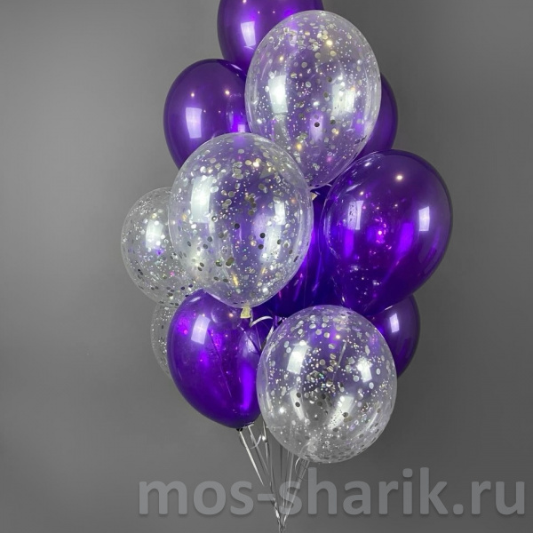 Фонтан из сине – фиолетовых латексных шаров и шаров с конфетти