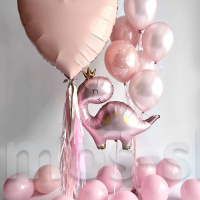 Розовые шарики с большим фольгированным сердцем и динозавром