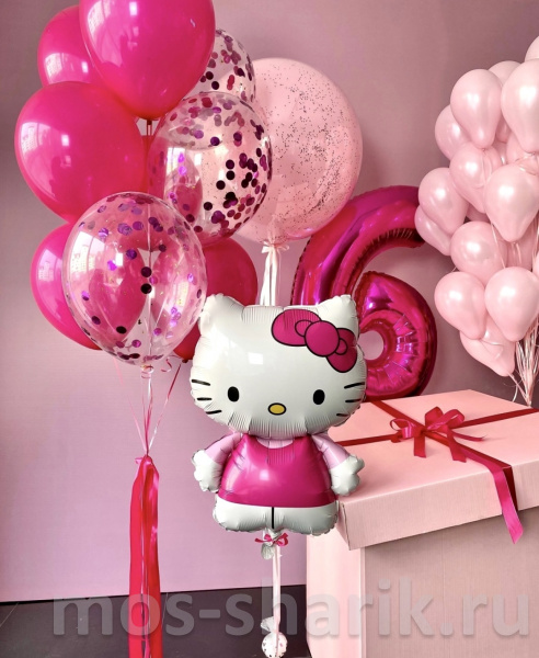 Коробка-сюрприз с розовыми воздушными шарами «Hello Kitty»