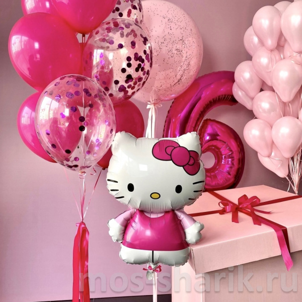 Коробка-сюрприз с розовыми воздушными шарами Hello Kitty на день рождения 6 лет