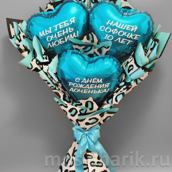 Букет из голубых фольгированных мини-шаров сердечек